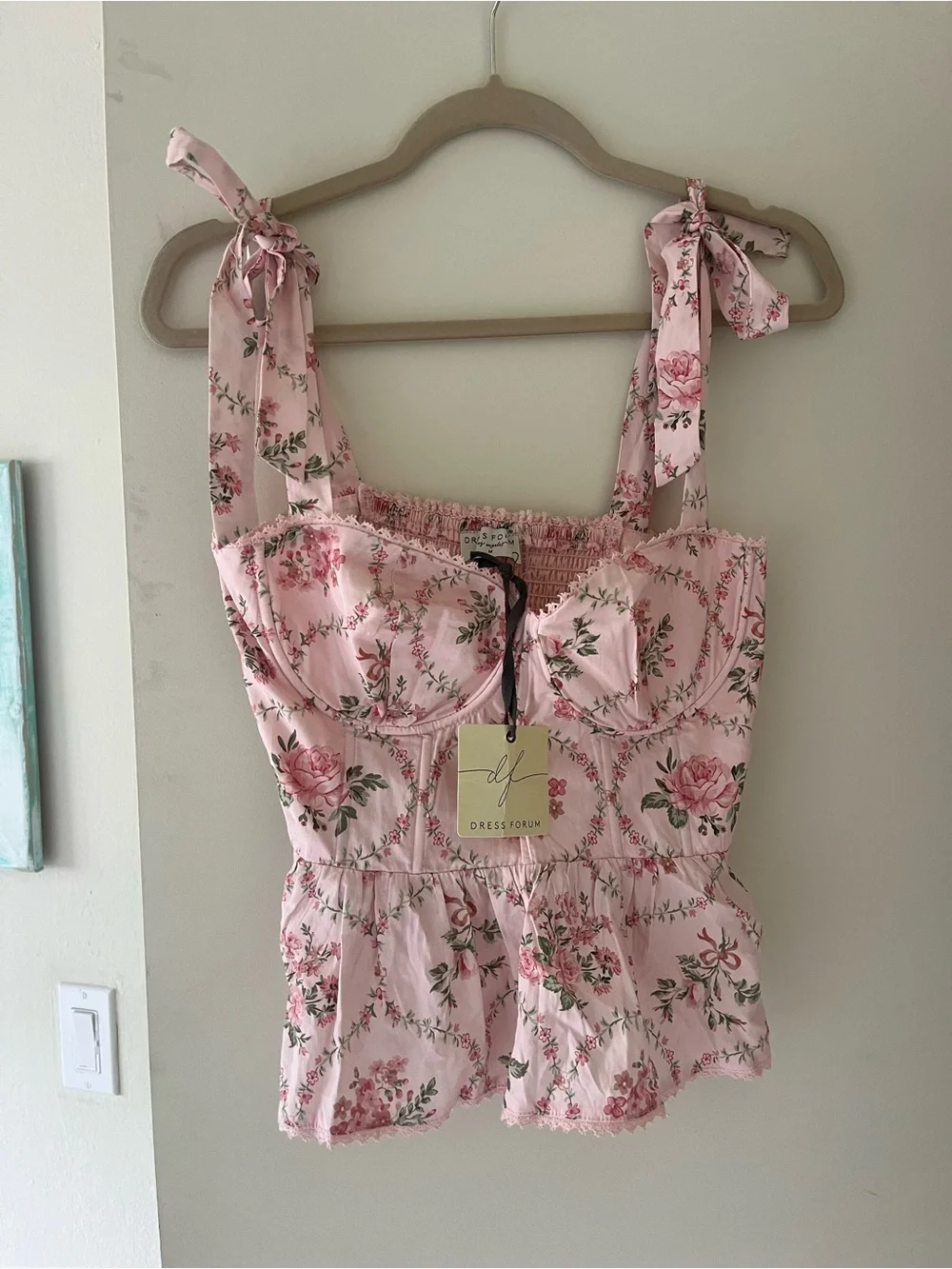 Vici Pink Floral Corset Tie-Shoulder Peplum Top NWT size medium - Picture 2 of 8